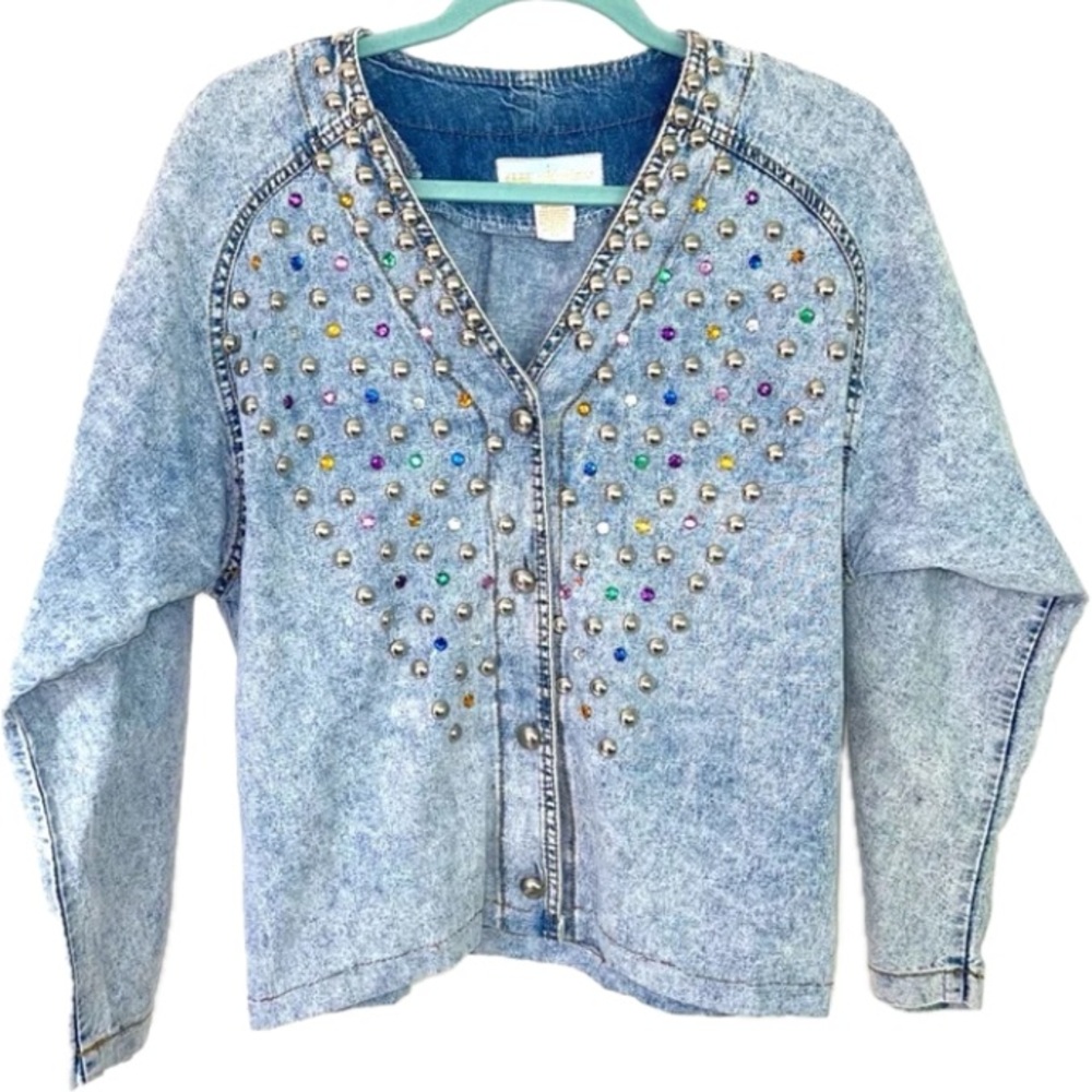 Monique Fashions Shirt Womens Vintage Blue Acid Wash Rhinestone Stud Mode